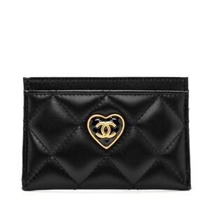 CHANEL Black Quilted Card Holder with Gold Heart CC